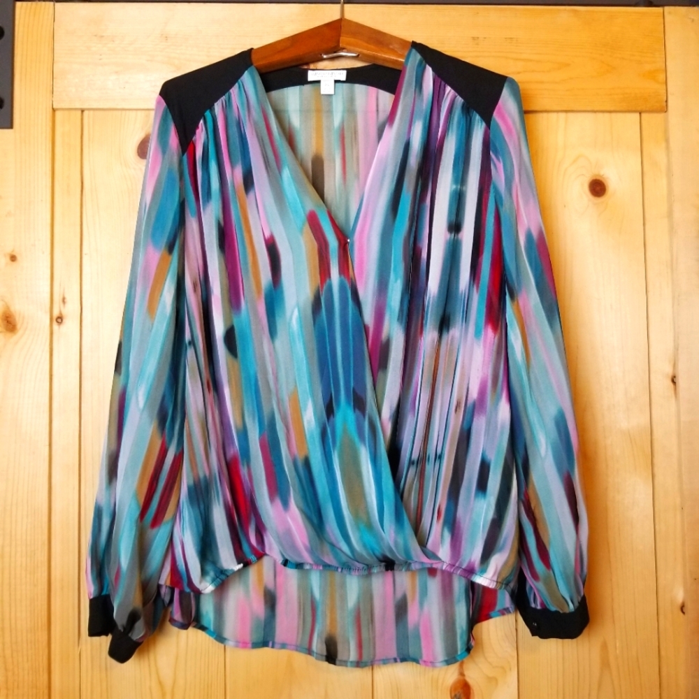 Bisou Bisou Multi Color Stripe Faux Wrap Cinched … - image 1